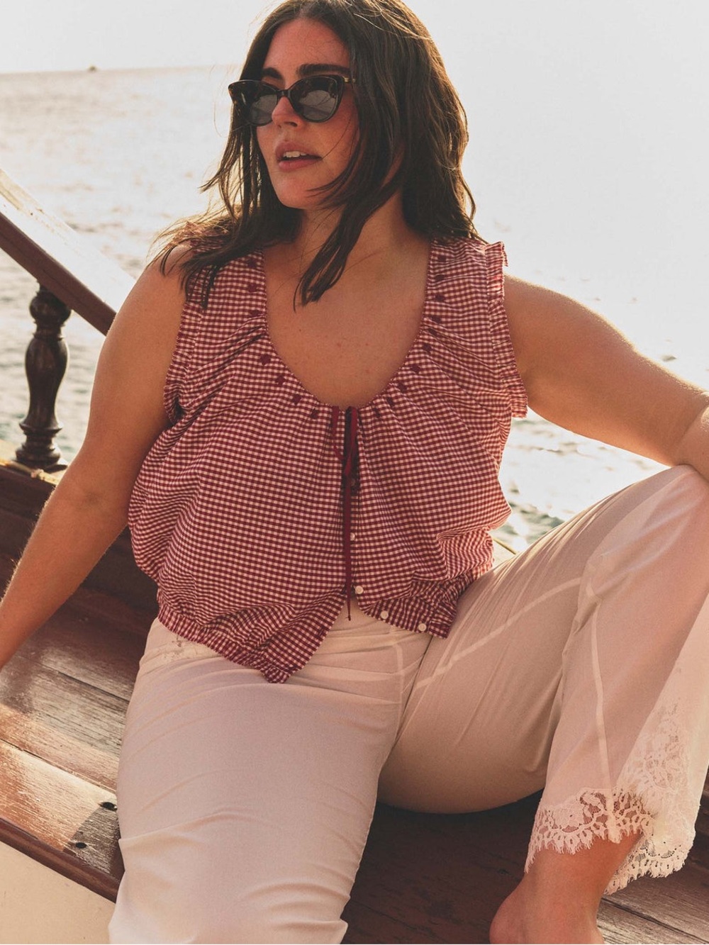 Doen Red Gingham Ruffle Sleeveless Blouse